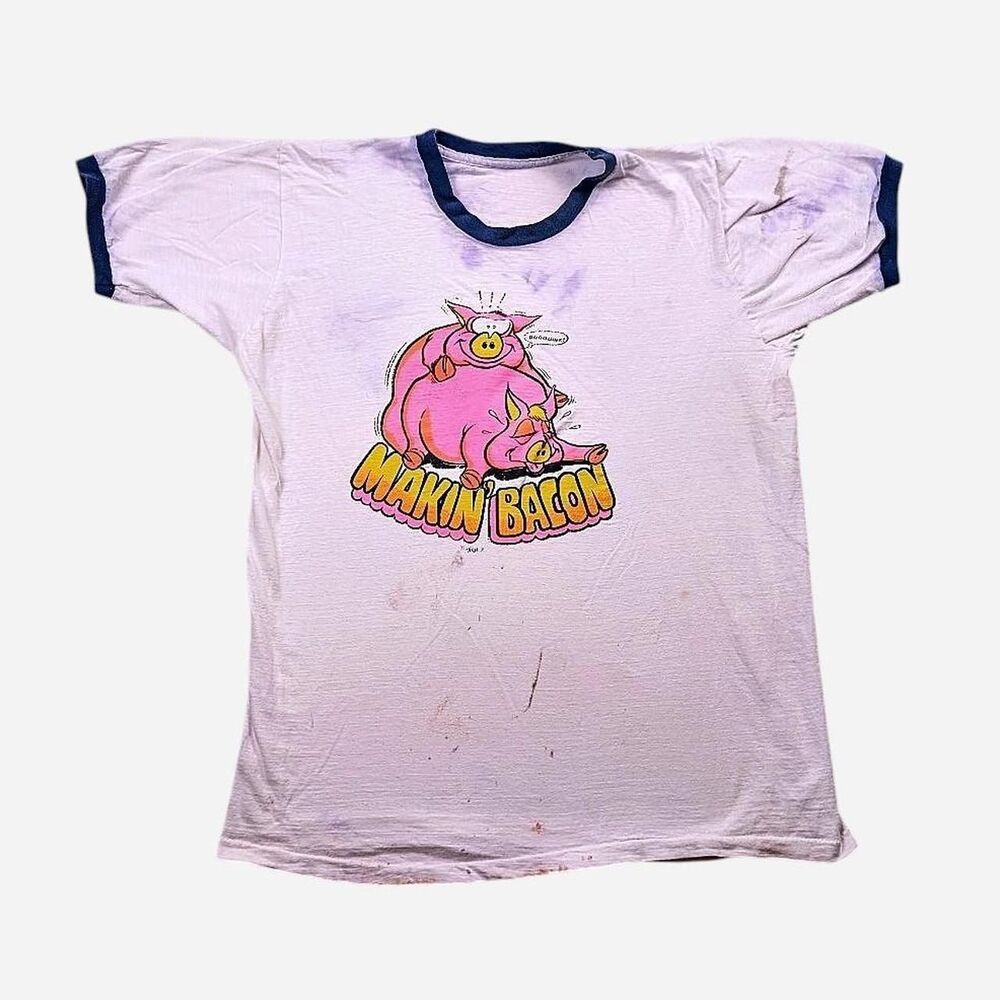 Vintage Karate Kid Promo Making Bacon Distressed White Blue Ringer Tshirt Sz M?